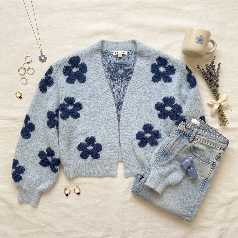 Hyfve Womens Blue Floral Fuzzy Knit Open Front Cardigan HF24F788 Small